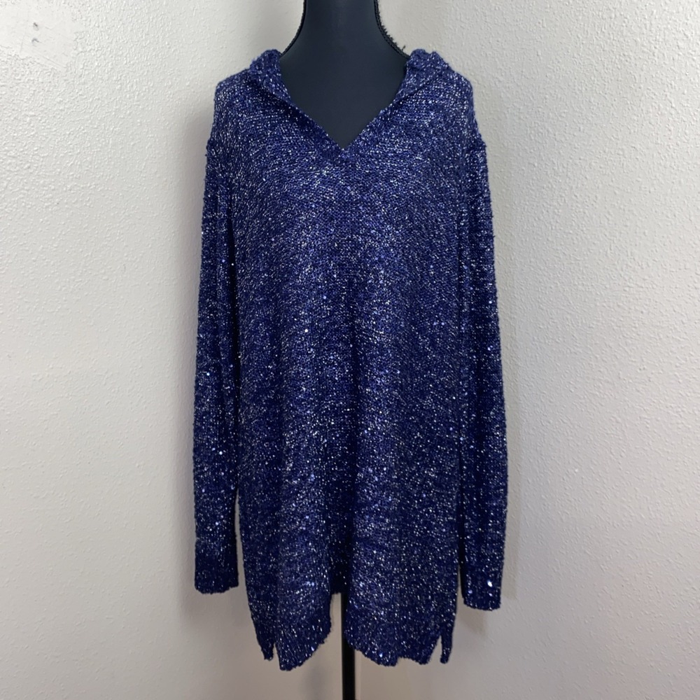 Soft Surroundings Sweater Women's 1X Blue Metallic Sequins Hoodie Party Holiday